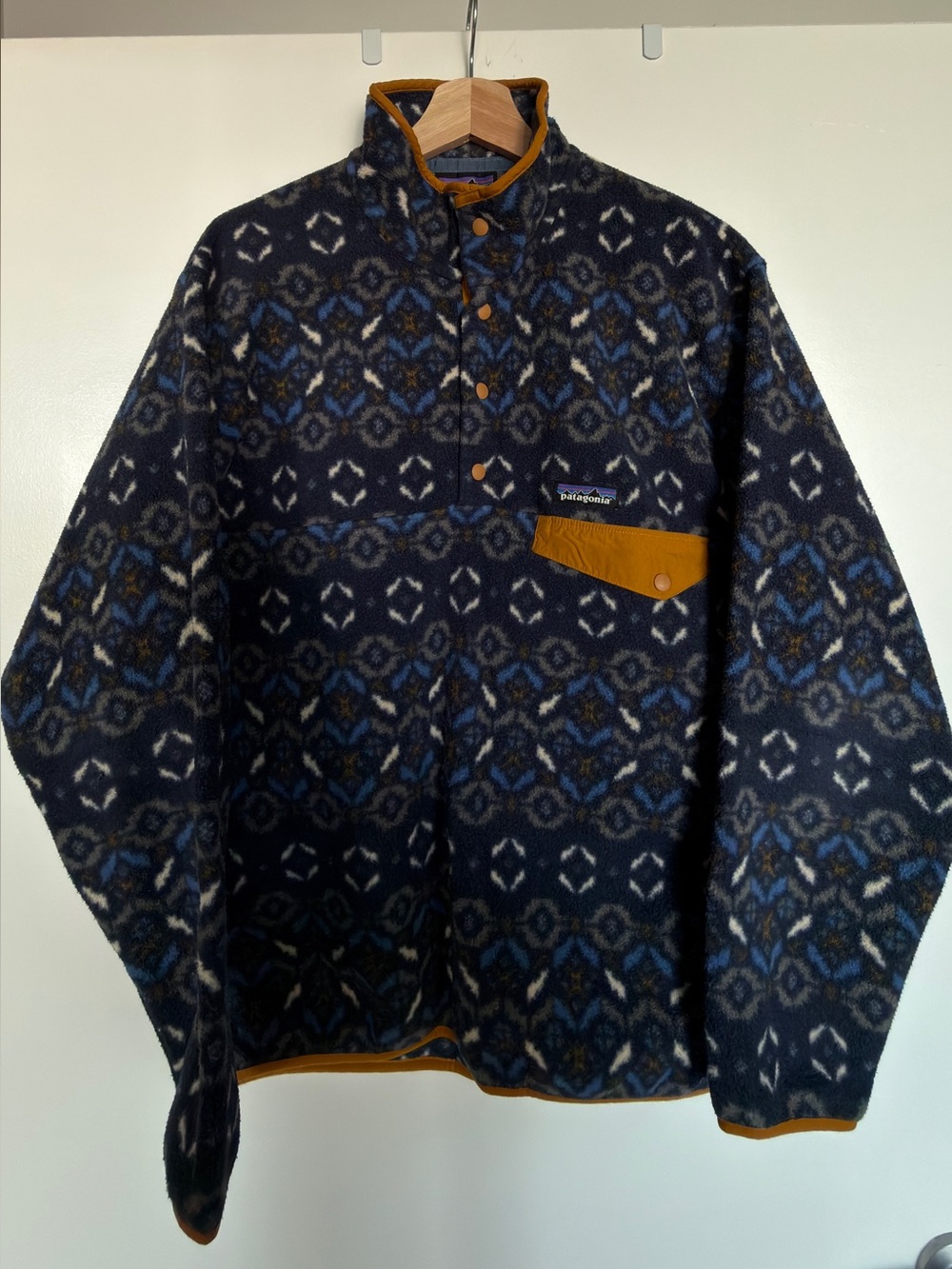 Patagonia Navy Patterned Snap-T Fleece with Brown Trim